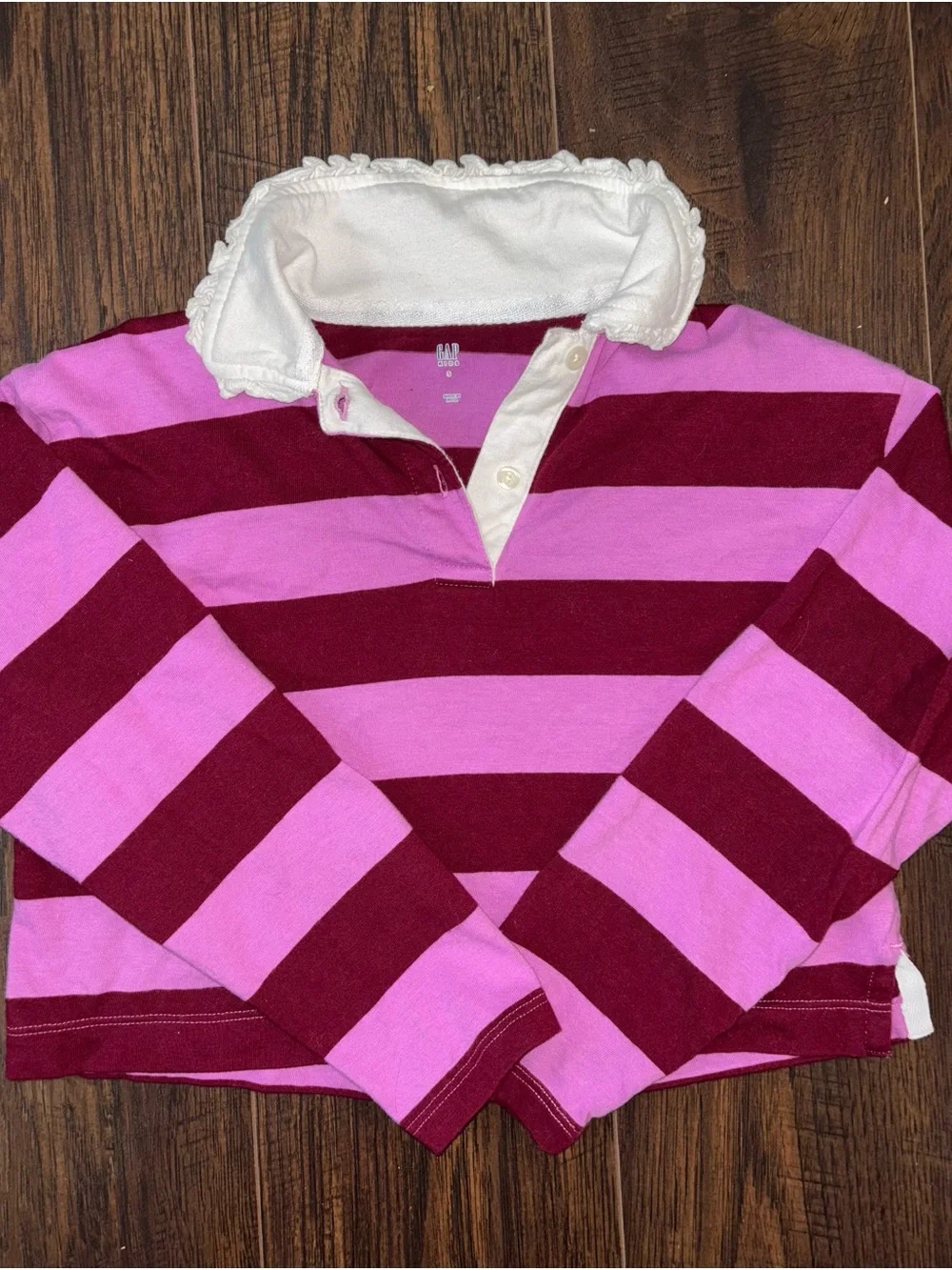 GAP Pink and Burgundy Striped Rugby Top with White Collar